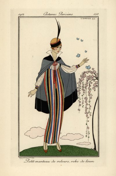 Kvinna i randig linneklänning med kort sammetsrock. av Georges Barbier