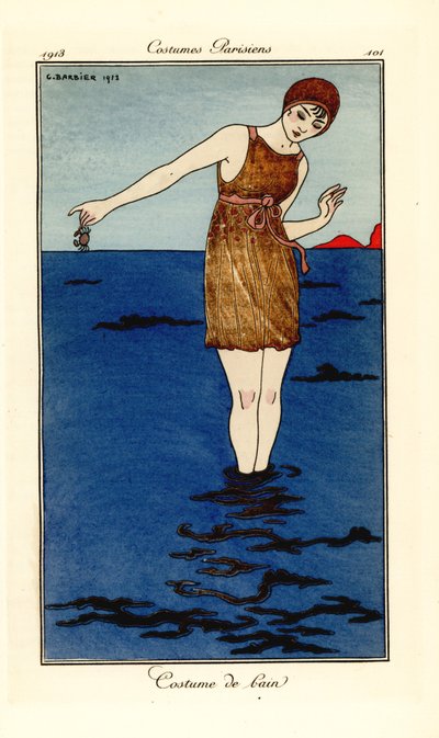 Kvinna i baddräkt upp till anklarna i havet på en strand som håller en krabba. Costume de bain. Handfärgad pochoir (stencil) etsning efter en illustration av George Barbier från Tommaso Antonginis Journal des Dames et des Modes, Aux Bureaux du Journal av Georges Barbier