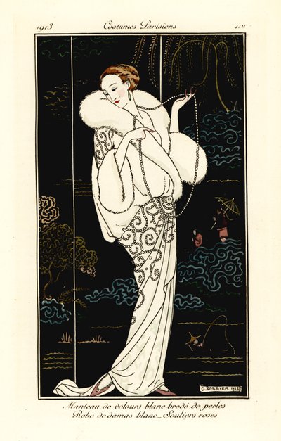 Kvinna i sammetscap, damastklänning och rosa tofflor. av Georges Barbier