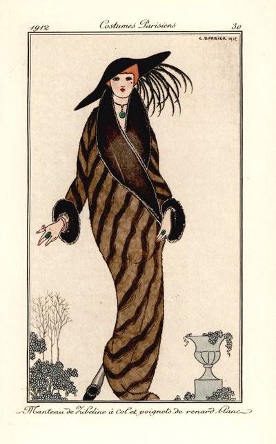 Kvinna i sobelrock med krage och muddar i vit rävpäls. Sobelrock har vit rävkrage och ärmslut. Handfärgad pochoir (stencil) etsning efter en illustration av George Barbier från Tommaso Antonginis Journal des Dames et des Modes, Au av Georges Barbier