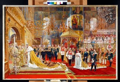 Kröning av tsar Alexander III av Ryssland (1845-1894) och kejsarinnan Maria Feodorovna (Dagmar av Danmark) (1847-1928) - Konstverk av Georges Becker (1845-1909) av Georges Becker