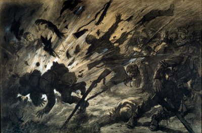 Effekt av ett skal i natten, april 1915 Teckning av Georges Scott dit Scott de Plagnolles (1874-1942) 1915 - Bläck på papper, gouachehäckar - Sön: 0,67x1,010 m - Paris, Musee de l