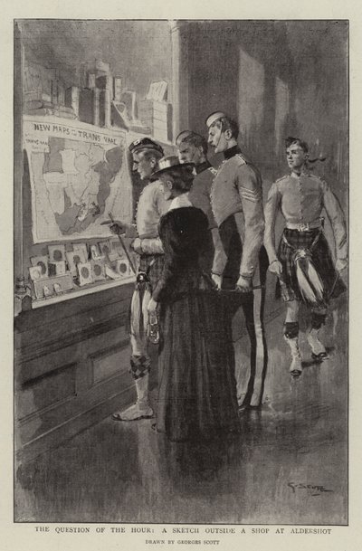 The Question of the Hour, en skiss utanför en butik i Aldershot av Georges Bertin Scott