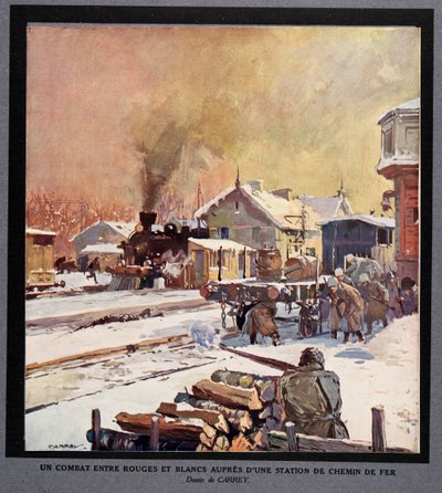 En strid mellan det röda och det vita gardet vid en järnvägsstation, ur Histoire des Soviets, pub. 1922 (färglitografi) av Georges Carrey