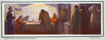Inuti ett bankvalv under revolutionen, från Histoire des Soviets, pub. 1922 (färglitografi) av Georges Carrey