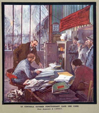 Arbetarkontroll i en sovjetisk fabrik vid tiden för revolutionen 1917, ur Histoire des Soviets, pub. 1922 (färglitografi) av Georges Carrey