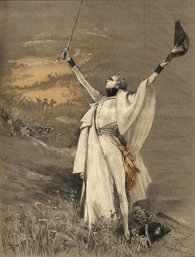 Skådespelerskan Henriette Rosine Bernard kallade Sarah Bernhardt (1844-1923) i rollen som hertigen av Reichstadt (son till kejsar Napoleon I (1769-1821) - "" Aiglon"", gravyr av Georges Jules Victor Clairin (1843 - 1919) ) från 1900. av Georges Clairin