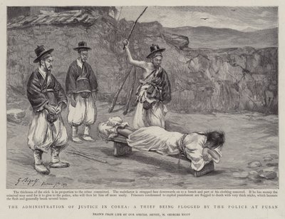Rättsväsendet i Corea, en tjuv som piskas av polisen i Fusan av Georges Ferdinand Bigot