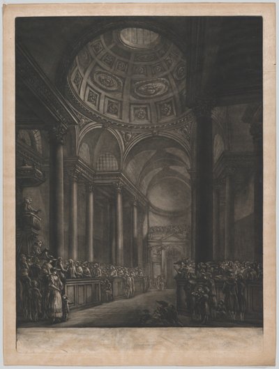 En vy av insidan av St. Stephens Walbrook, gjord från teckningen i hans Majestät ..., ca. 1767. av Georges François Blondel