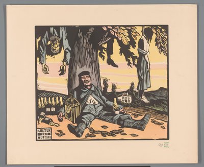 Soldat liggande mot ett träd med hängda människor Kultur en automne (titel på objekt) av Georges Hermann Rene Paul