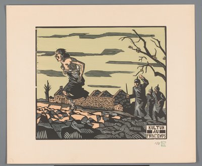 Kvinna flyr halvnaken från tre soldater över ett fält Kultur au printemps (titel på objekt) av Georges Hermann Rene Paul