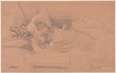 Sarah Bernhardt lutar på en divan, läser av Georges Jules Victor Clairin