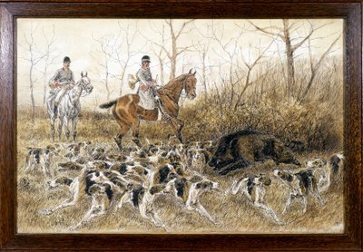 Förpackning med hundar runt ett vildsvin i jakt - teckning av Georges La Roque, cirka 1900 av Georges La Roque