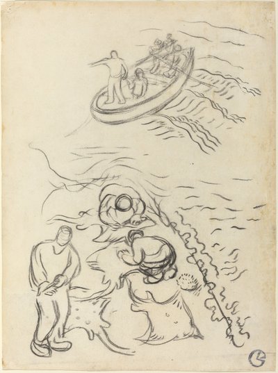 Studie för "The Fishermen" med män som tömmer näten av Georges Lacombe