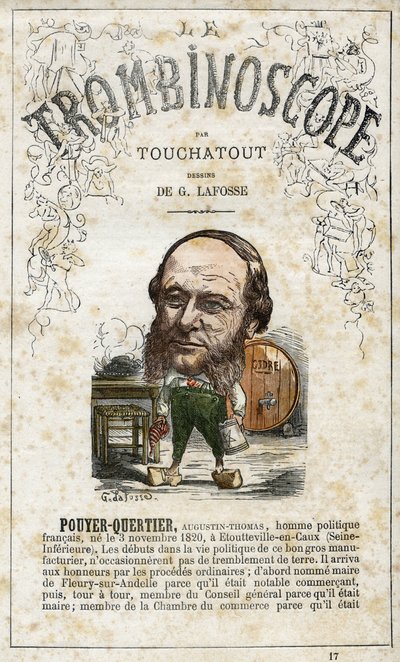 Augustin POUYER-QUERTIER (POUYER QUERTIER) (1820-1891), illustration från "Le Trombinoscope", en satirisk politisk tidskrift av Leon-Charles Bienvenu, känd som Touchatout (1835-1910) monografi N. 17, Imprimerie Vallee, Paris,1872 av Georges Lafosse