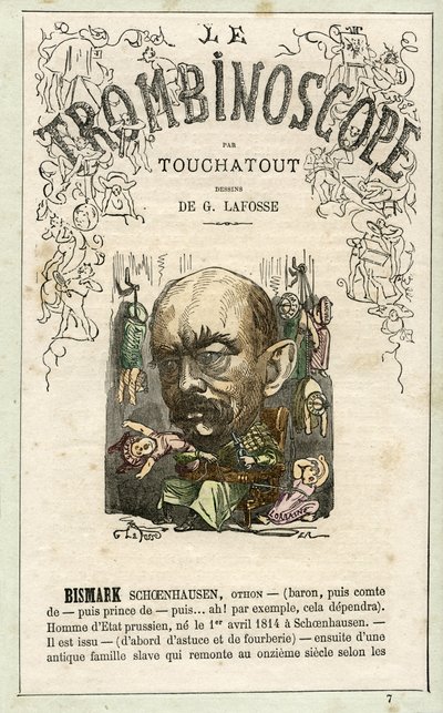 BISMARCK Otto Eduard Leopold von Bismarck-Schönhausen (1815-1898), - illustration från "Le Trombinoscope", en satirisk politisk tidskrift av Leon-Charles Bienvenu, känd som Touchatout (1835-1910) monografi N. 7, Paris av Georges Lafosse