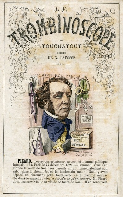 Ernest PICARD (1821-1877) - illustration från "Le Trombinoscope", en satirisk politisk tidskrift av Leon-Charles Bienvenu, känd som Touchatout (1835-1910) monografi N. 23, Imprimerie Vallee, Paris, feb 1872 av Georges Lafosse