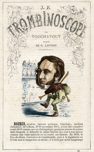 Eugene ROUHER (1814-1884) - illustration från "Le Trombinoscope", en satirisk politisk tidskrift av Leon-Charles Bienvenu, känd som Touchatout (1835-1910) monografi N. 18, Imprimerie Vallee, Paris av Georges Lafosse