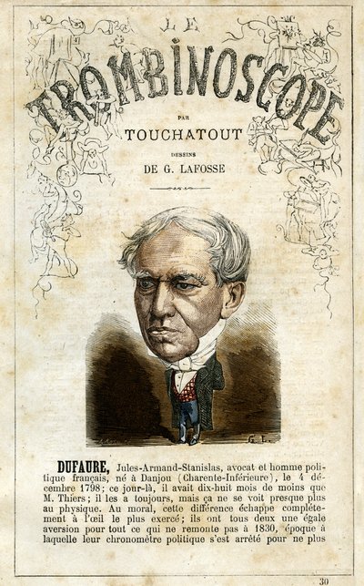 Jules Armand DUFAURE (1798-1881) - illustration från "Le Trombinoscope", en satirisk politisk tidskrift av Leon-Charles Bienvenu, känd som Touchatout (1835-1910) monografi N. 30, Paris, mars 1872 av Georges Lafosse