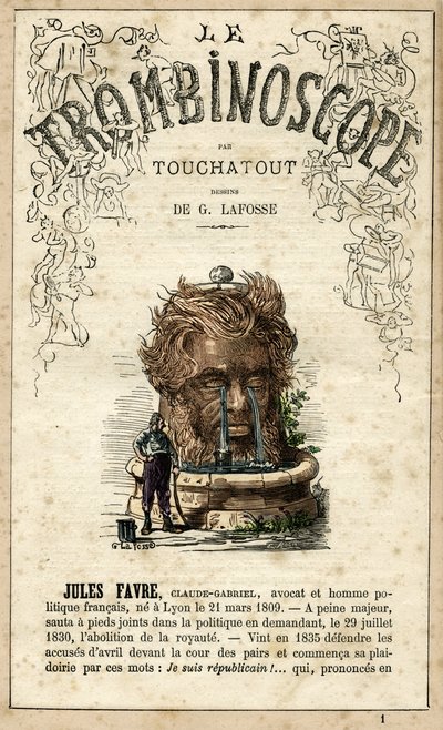 Jules FAVRE (1809-1880) illustration från "Le Trombinoscope", en satirisk politisk tidskrift av Leon-Charles Bienvenu, känd som Touchatout (1835-1910) monografi N. 1, Paris av Georges Lafosse