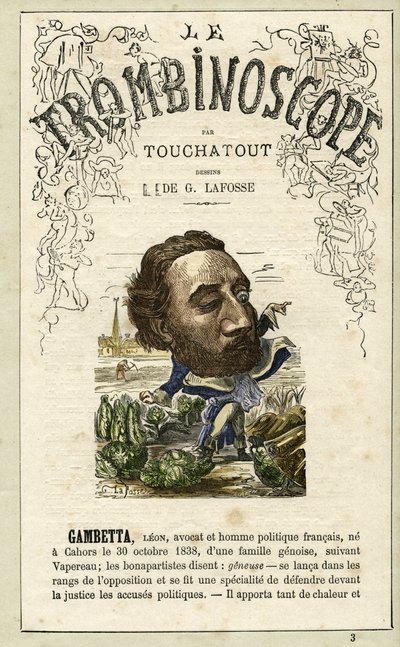 Leon GAMBETTA (1838-1882) illustration från "Le Trombinoscope", en satirisk politisk tidskrift av Leon-Charles Bienvenu, känd som Touchatout (1835-1910) monografi nr 3, Paris av Georges Lafosse