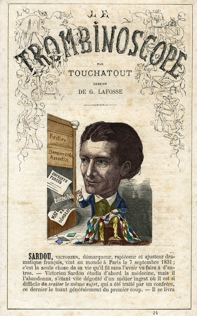 Victorien SARDOU (1831-1908) - illustration från "Le Trombinoscope", en satirisk politisk tidskrift av Leon-Charles Bienvenu, känd som Touchatout (1835-1910) monografi N. 24, Paris av Georges Lafosse