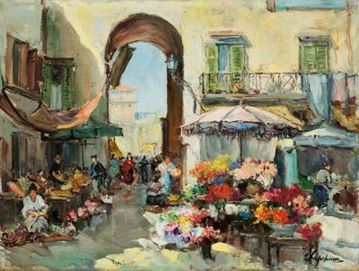 En blomstermarknad i Nice (olja på duk) av Georges Lapchine
