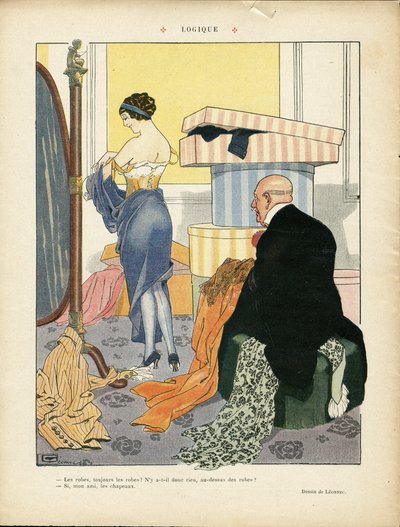 Illustration av Georges Leonnec (1881-1940) i Le Lire, 06/07/12 - Logik - Mode, Hatt, Intern arkitektur, De rikas liv - Kvinnor av Georges Leonnec