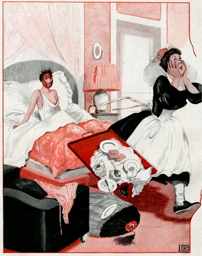 Den så kallade Beauty Mask och den nya hembiträdet - Herregud! - illustration från la Vie Parisienne av Georges Leonnec
