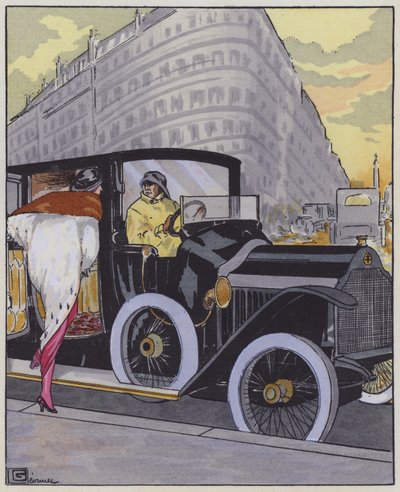 Dammode från 1910-talet och en Lorraine-Dietrich-bil. (färg litho) av Georges Leonnec