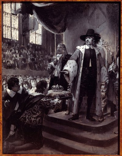 Olivier Cromwell (1599-1658) vägrade kronan. Republiken Storbritanniens Lord Protector föreslogs kronan av Humble Petition och Avis (New Parliament) 1658. Grisaille på trä av Georges Antoine Rochegrosse (1859-1938) 1800-talet . av Georges Marie Rochegrosse