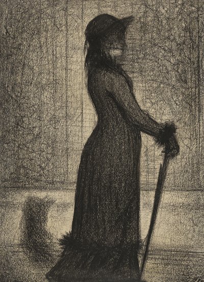 Une Elegante, Kvinnan som promenerar, ca 1884 (Conte-krita på michalettpapper) av Georges Pierre Seurat