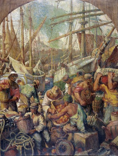 Lossningen av varor Målning av Georges Pomerat (19-1900-talet) 1900-talet Obligatoriskt omnämnande: Samlingsstiftelsens hälsningar från Provence, Marseille av Georges Pomerat