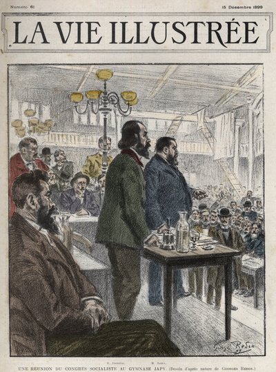 Generalkongressen för socialistiska organisationer, som hölls i Paris i december 1899, på Gymnasium Japy - Jean Jaures (1859-1914) och Eugene Fournier (1857-1914) teckning av Georges Redon - la vie illustree de 1899 av Georges Redon