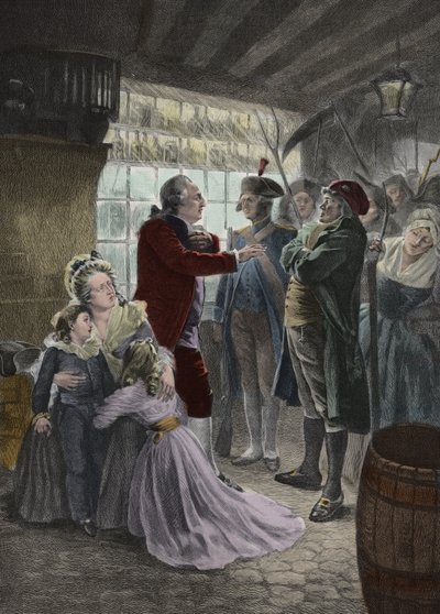 Franska revolutionen: 21 juni 1791 Kungafamiljen (Louis XVI, kung av Frankrike, drottning Marie Antoinette och deras två barn, Madame Elisabeth, kungens syster och guvernant för barnen) fångades i värdshuset i Varennes (Varennes-en-Argonne) under th av Georges Roussin