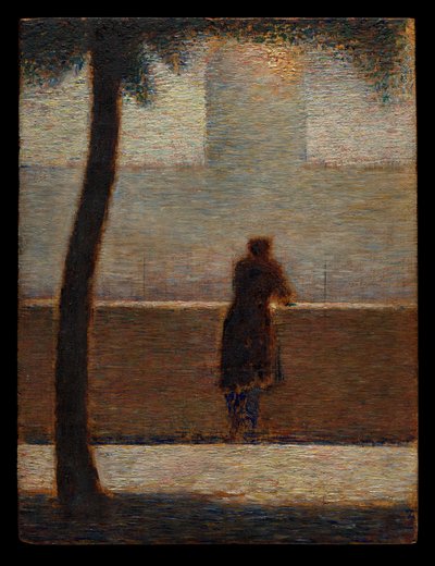 En man lutad mot en bröstvärnsmur av Georges Seurat
