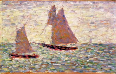 Två segelbåtar vid Grandcamp, ca 1885 av Georges Seurat