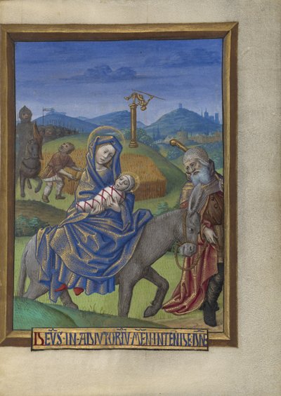 Flygningen till Egypten från en timbok Ms. 48 fol. 67, c.1480-90 (tempera, bladguld och bläck på pergament) av Georges Trubert