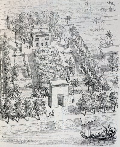 Utsikt över egyptisk villa längs Nilen, rekonstruktion av Chipiez, från antikens konsthistoria (Egypten, Assyrien, Persien, Mindre Asien, Grekland, Etrurien, Rom) av Georges and Chipiez Charles Perrot