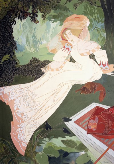 En elegant dam med en hund av Georges de Feure