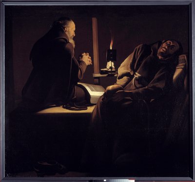 Extasen av Saint Francois kallas också en munk i bön nära en döende munk eller de två munkarna. Målning (Vanite) av Georges de La Tour (1593-1652) av Georges de la (after) Tour