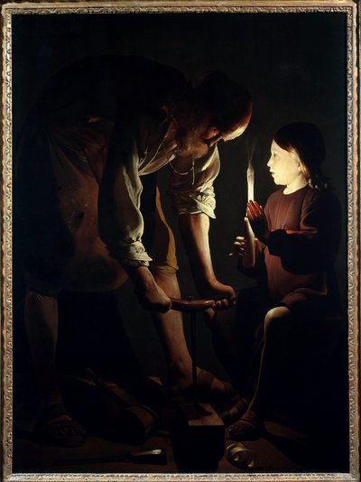 Saint Joseph snickaren Jesus barn håller ett ljus för att tända sin far Joseph på jobbet. Målning av Georges de La Tour (1593-1652) 1640 sön. 1,07 X 1,02 m Paris. Louvren av Georges de La Tour