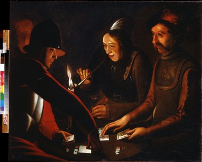 Soldater som spelar kort. Soldater som spelar kort. Målning av Georges de La Tours följe (1583-1652). Olja på duk. Regionala A. Deineka konstgalleri, Kursk (Kursk), Ryssland. av Georges de La Tour