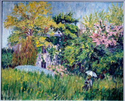 Bonnieres trädgård En läsare har under ett paraply i högt gräs. Målning av Georgette Agutte (1867-1922) 1909-1910. Olja på duk, 81 x 100 cm. Grenoble, musee des Beaux Arts - Trädgården på Bonnieres. En läsare under ett paraply i det höga gräset. Pa av Georgette Agutte