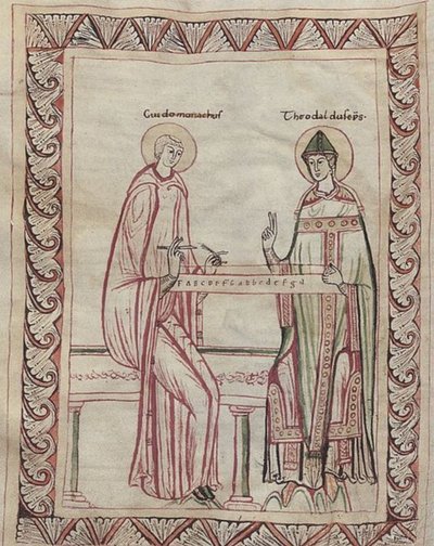 Guido av Arezzo och biskop Tedald arbetar med monokord, miniatyr från 1000-talet (21954743795) av Georgia Levan Ramishvili from Tbilisi