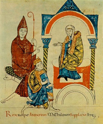 Kung - den helige romerske kejsaren Henrik IV - ber till abbot - Hugh av Cluny - och vädjar till Matilda - av Canossa -, ur Vita Mathildis, ca 1115 (34295963116) av Georgia Levan Ramishvili from Tbilisi