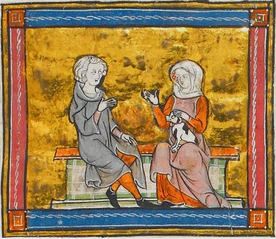 Lancelot i samtal med en dam som håller i en liten svartvit hund, från Morte Artu, ca 1315-1325 (41067329535) av Georgia Levan Ramishvili from Tbilisi