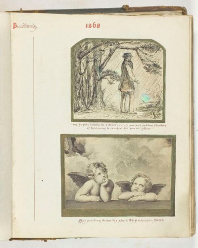 Utan titel [man i regnet och två keruber], 1868. av Georgina Cowper