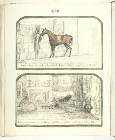Utan titel [man med häst och par som kopplar av vid elden], 1868. av Georgina Cowper