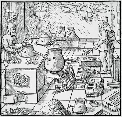 Gravyr från De re metallica (Om metallernas natur), av Georg Pawer eller Georgius Agricola (1494-1555), publicerad i Basel av Georgius Agricola